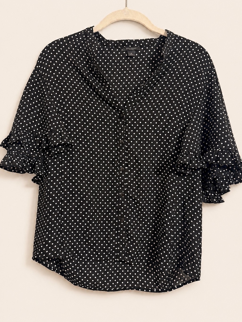 Ann Taylor Factory Black & White Polka Dot Ruffle Sleeve Blouse XS